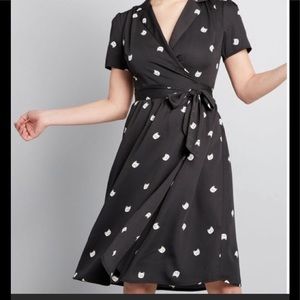 ❄️ModCloth | Black Tied Cat Design Timeless Wrap Dress Size Large
